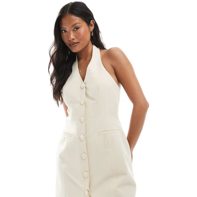 Miss Selfridge Petite tailored halter mini dress in cream-White 106917194