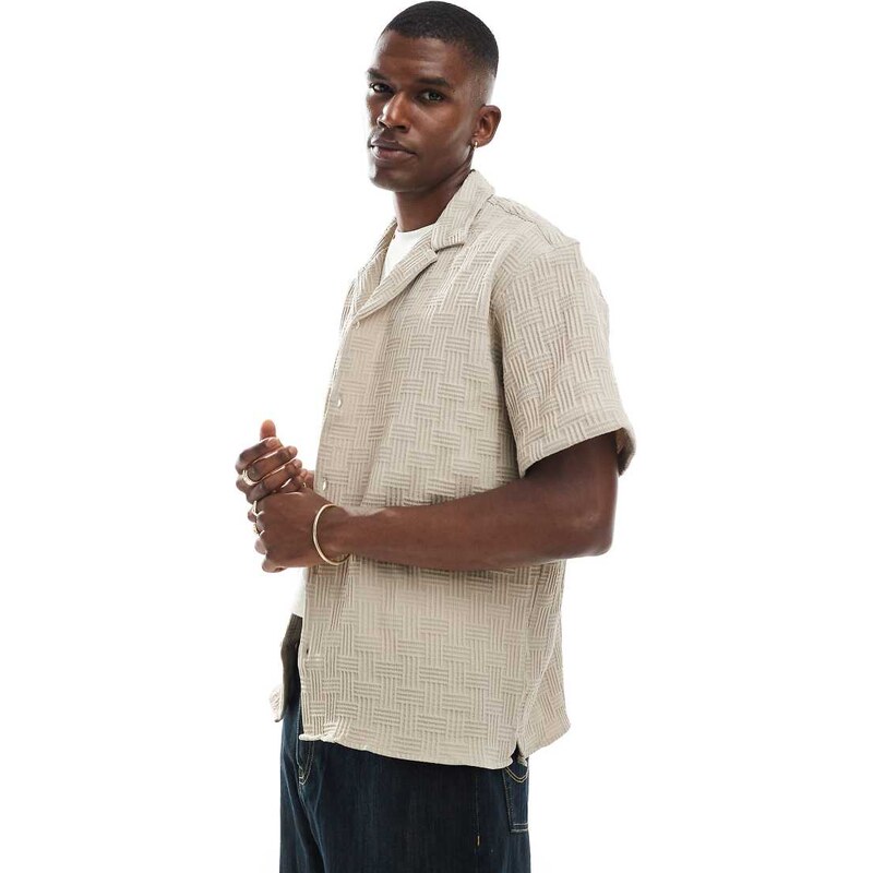 Jack & Jones revere collar textured short sleeve shirt in beige