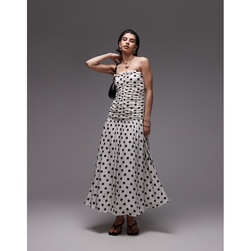 Mango bandeau maxi dress with dropped waist and ruched bodice in mono 105642683