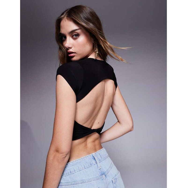 Missyempire double layered slinky open back twist detail top in black 105642728