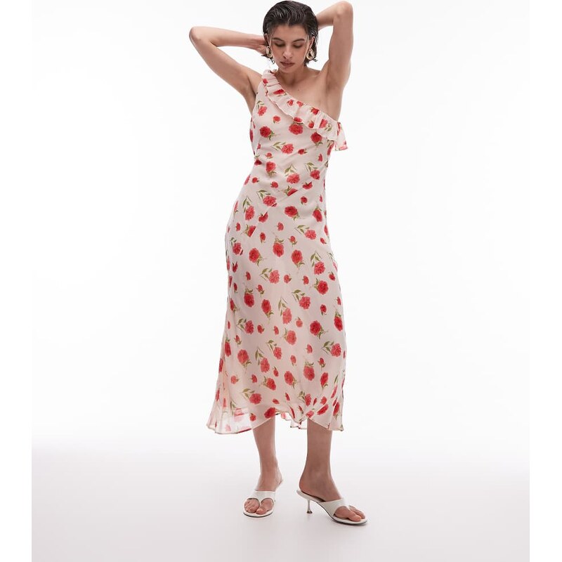 Mango one shoulder rose floral dress in light pink 105642801