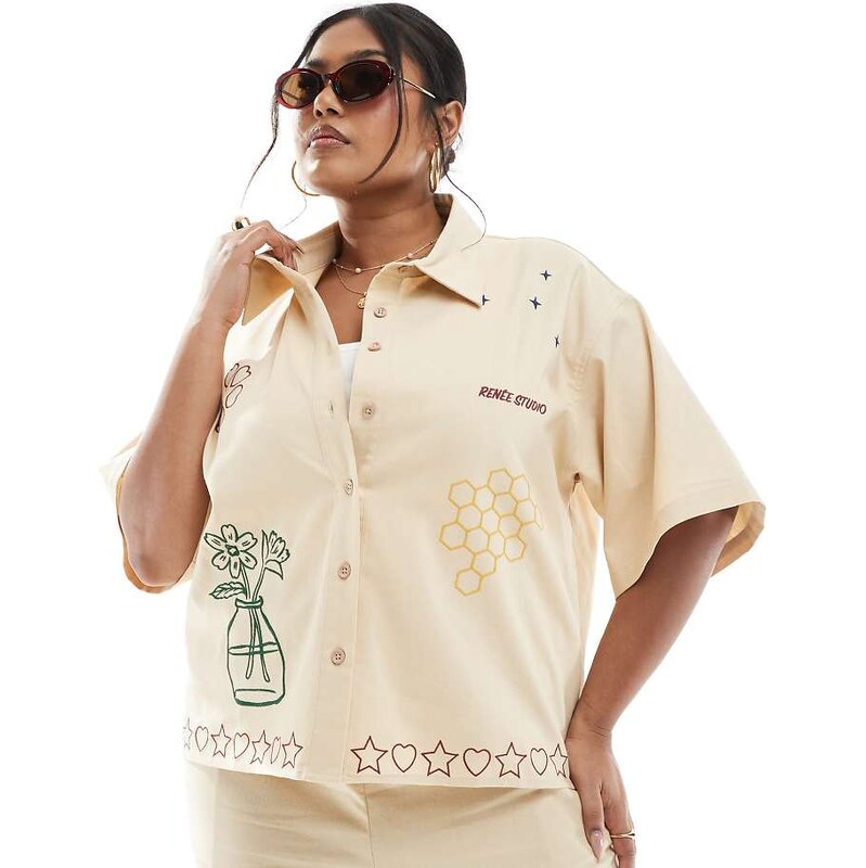 Renee Studio Plus exclusive linen blend button front embroidered 105642845