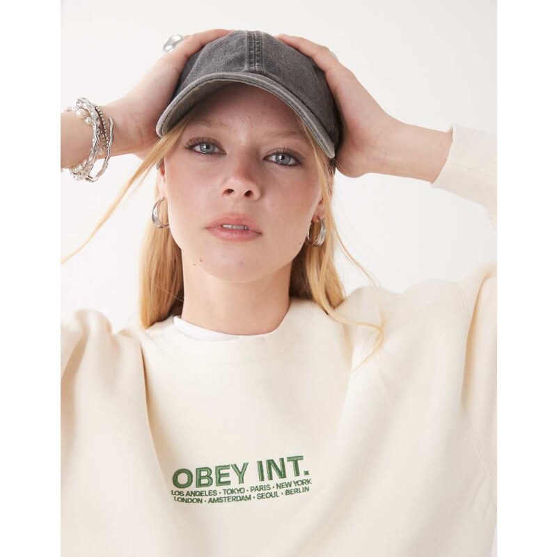Obey International logo crewneck sweatshirt in cream-White 105704953