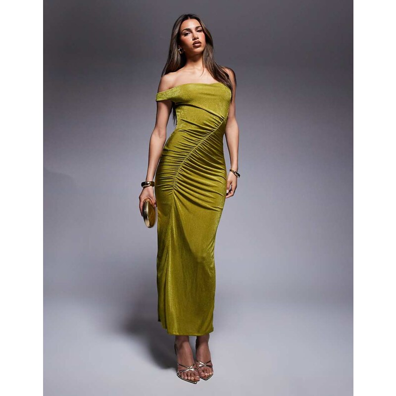 ASOS DESIGN fallen shoulder with ruching maxi dress in green