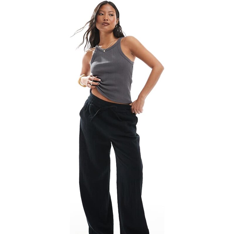 ONLY Petite wide leg linen look trousers in black 115510162