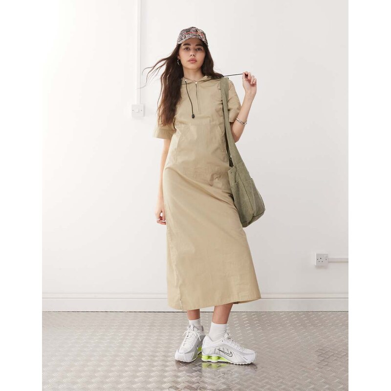 COLLUSION sports hooded A-line maxi dress in stone-Brown 105646364
