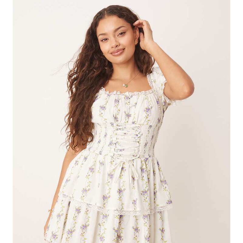 Miss Selfridge Petite corset mini dress in blue wallpaper floral print 105646390