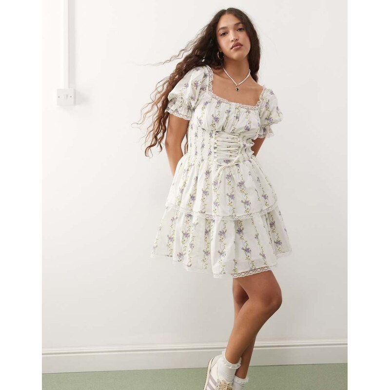 Miss Selfridge corset mini dress in blue wallpaper floral print-Multi 105646391