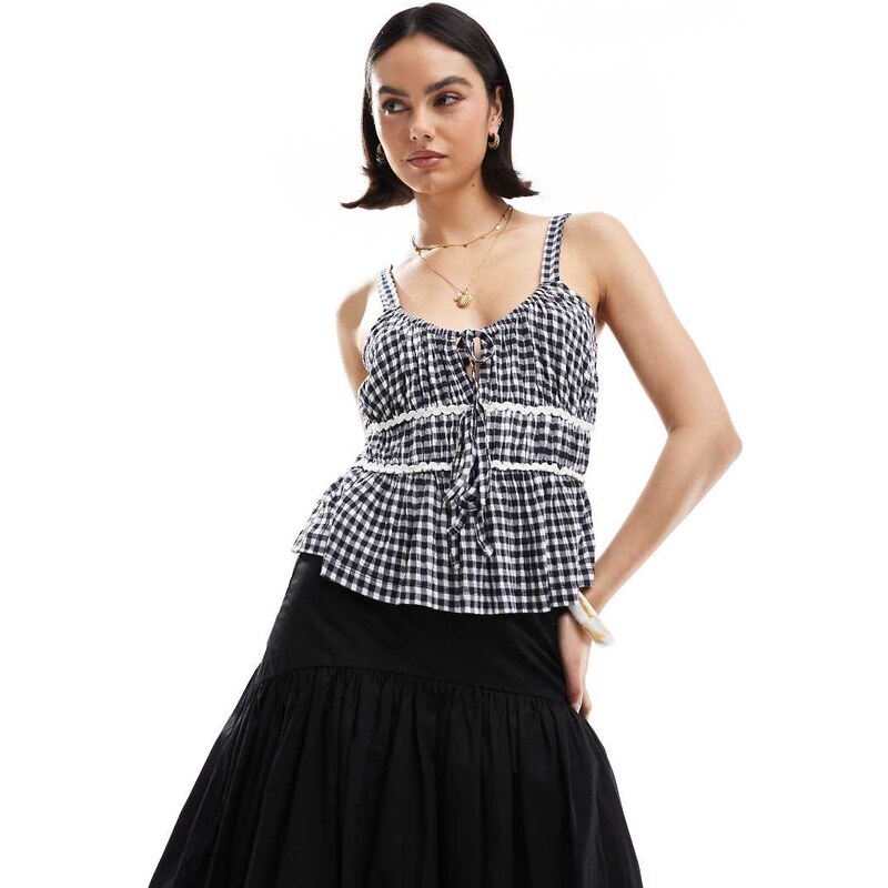 ASOS DESIGN milkmaid top in gingham with ricrac trims in navy gingham