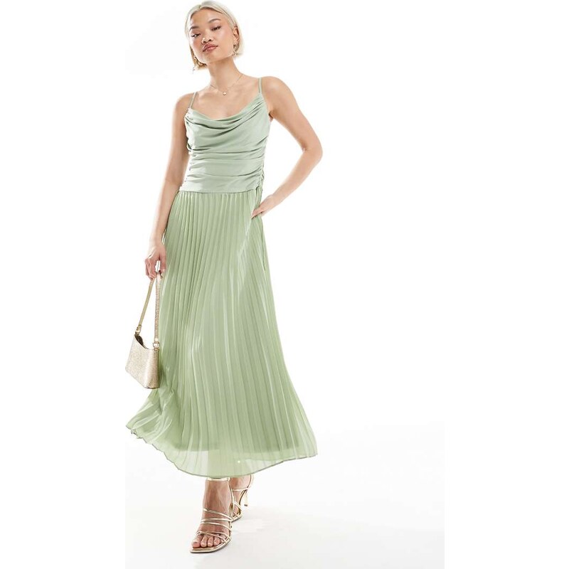 TFNC Bridesmaid cowl neck maxi dress with pleated skirt in sage green 105646411