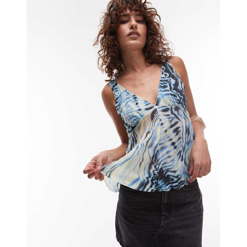 Topshop crinkle mesh print v neck top in blue 105646425