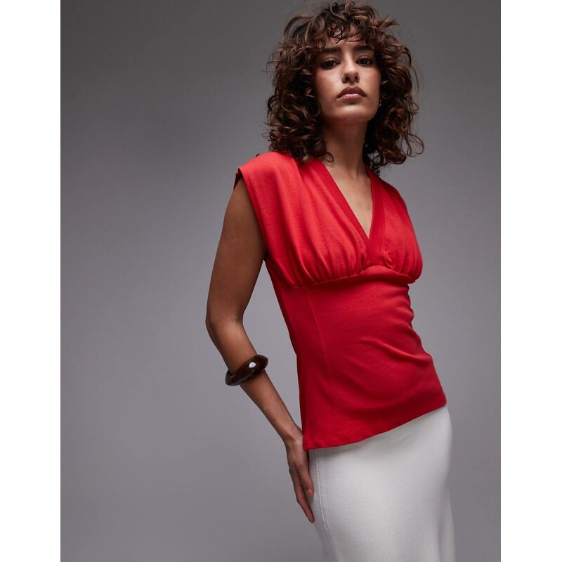 Topshop v-neck sleeveless structured top in red 105646451