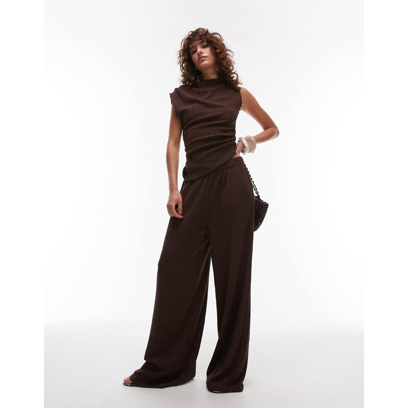 Topshop textured wide leg trousers co-ord in chocolate brown 105646452