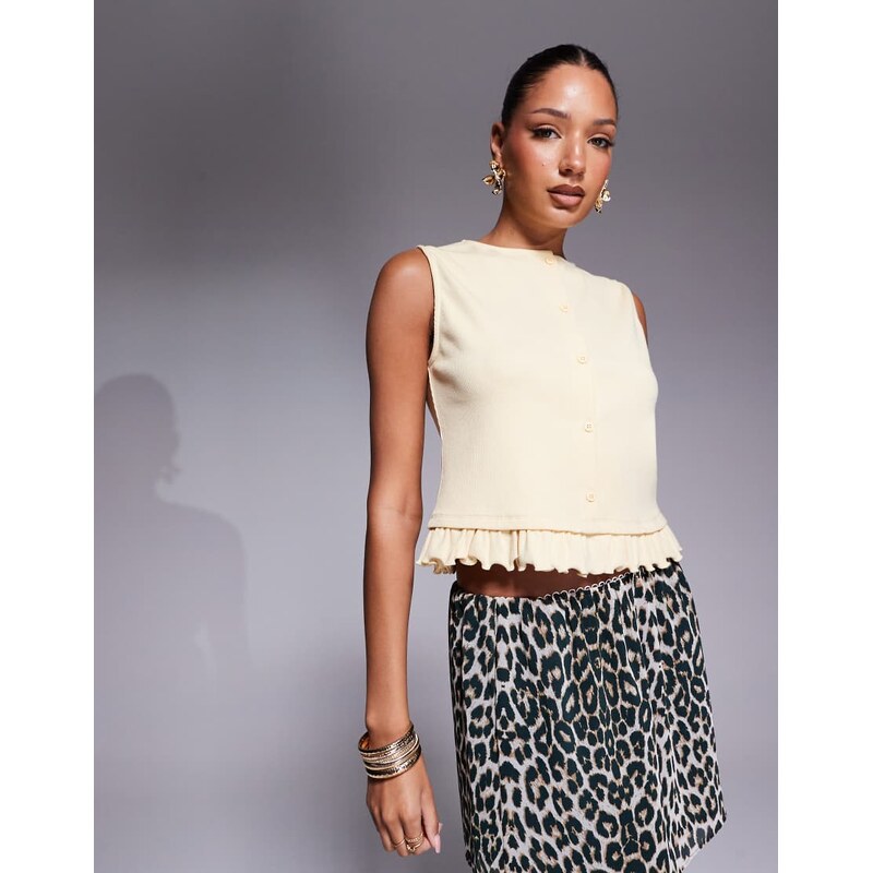 ASOS DESIGN mini rib button through top with mini frill hem in 105646500