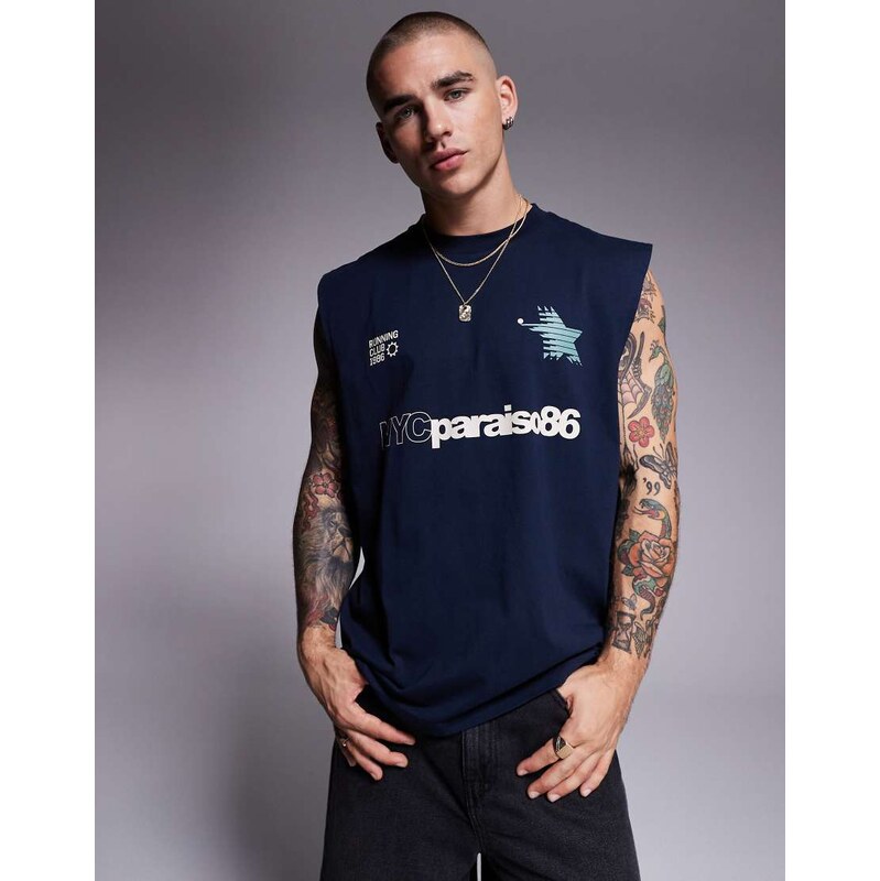 ASOS DESIGN oversized tank with sports graphic in navy