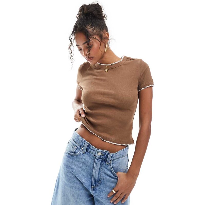 ASOS DESIGN babytee with blanket stitch detail in brown 105646603