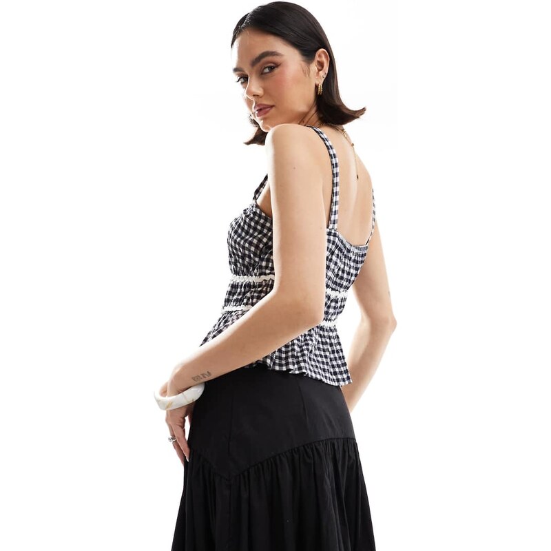 ASOS DESIGN milkmaid top in gingham with ricrac trims in navy gingham
