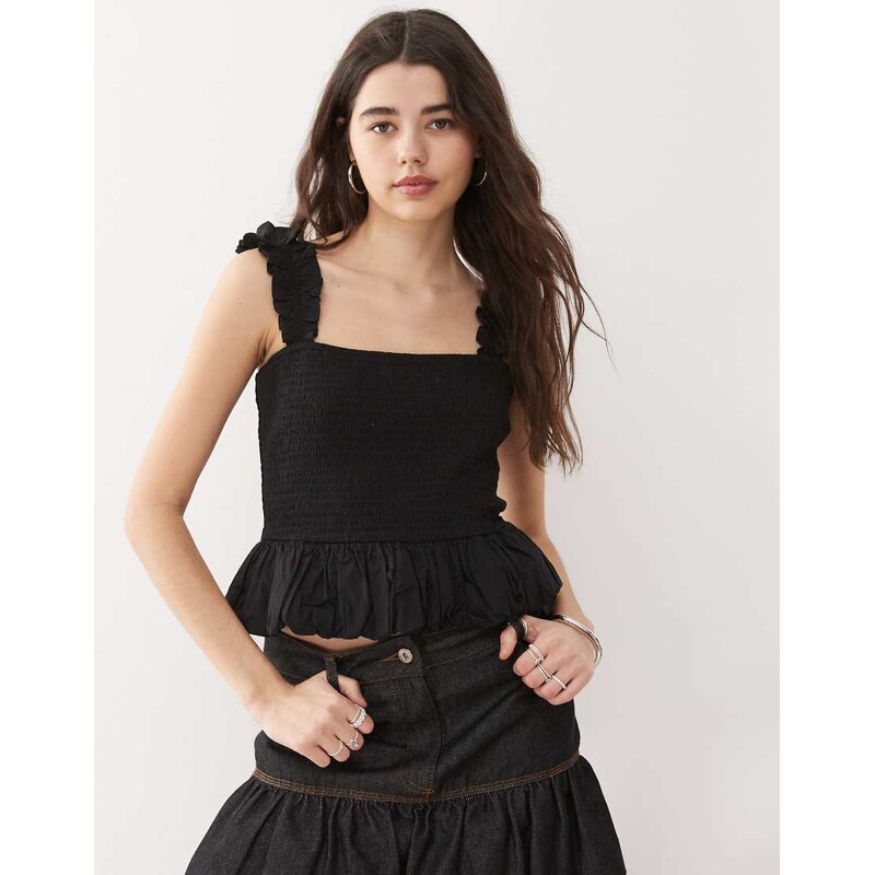 COLLUSION woven shirred cami top with bubble hem in black