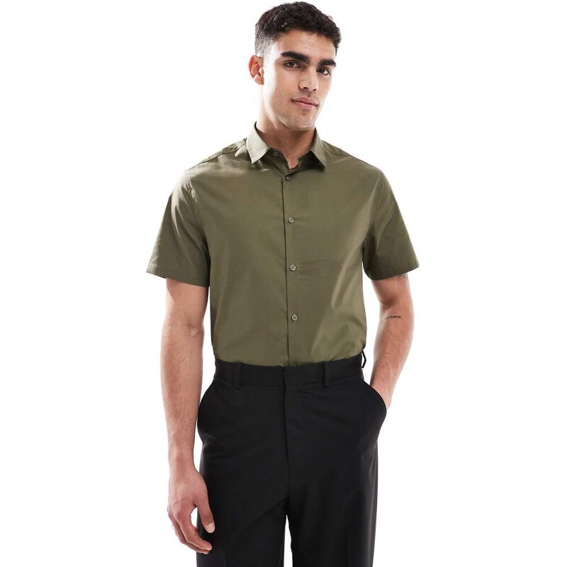 ASOS DESIGN formal easy iron regular shirt in khaki-Green