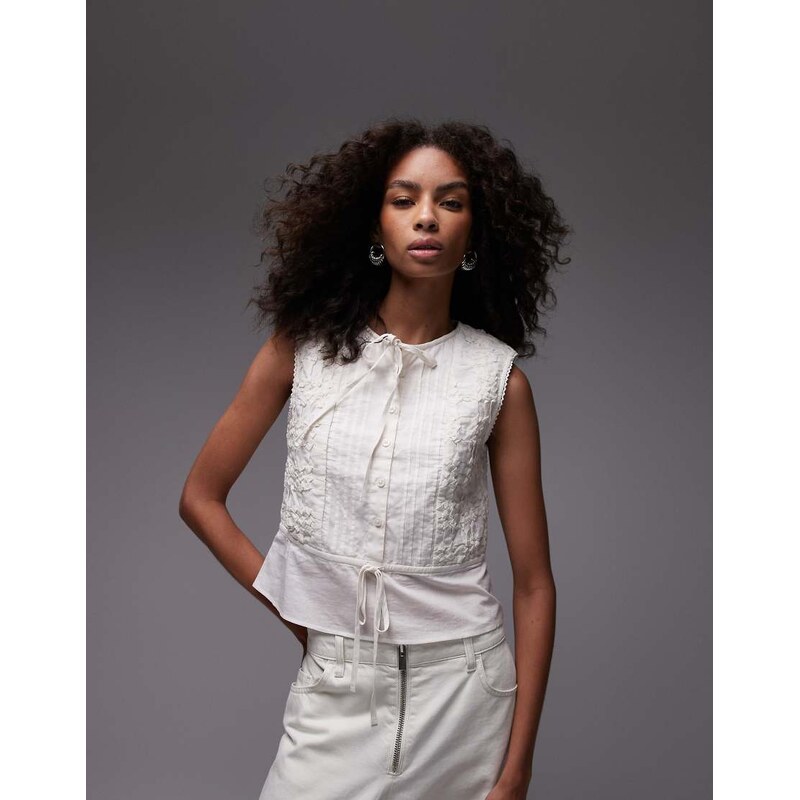 Topshop cross hatch sleeveless top in ivory-White 105649894