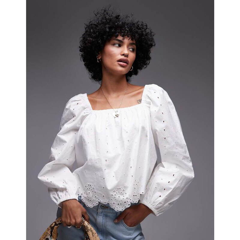 Topshop cutwork long sleeve top in ivory-White 105649895