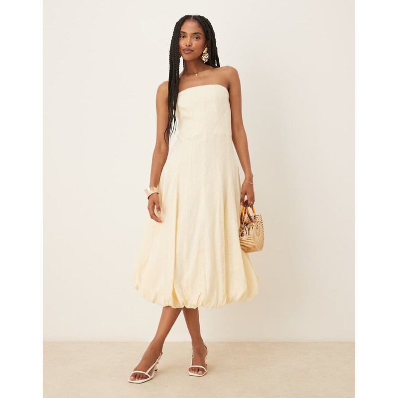 Mango capsule linen bandeau structured midi dress in buttermilk-Yellow 105649914