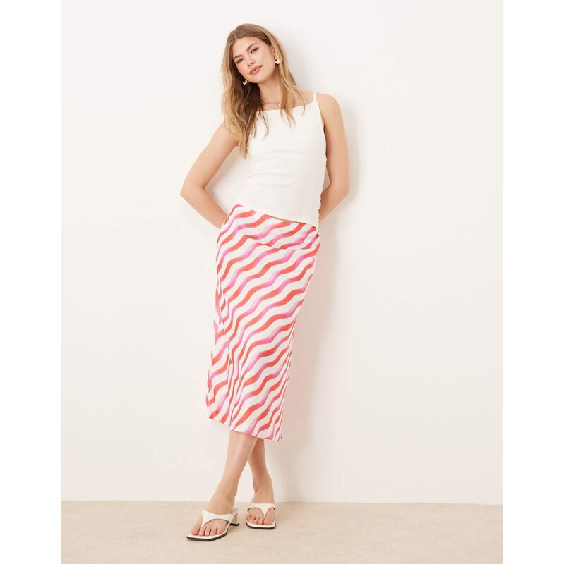 YAS diagonal stripe midi skirt in pink and white-Multi