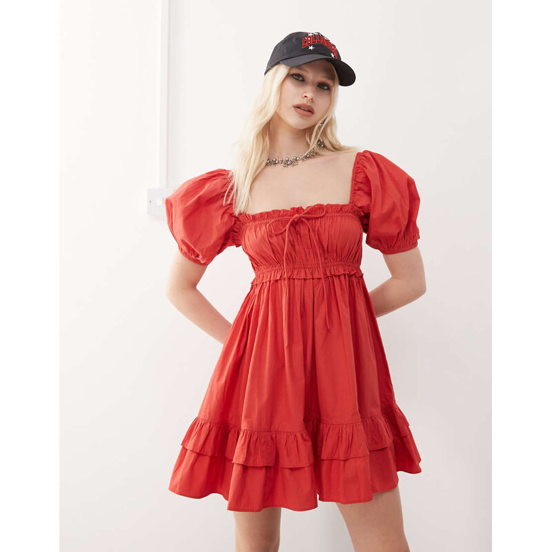 COLLUSION puff sleeve milkmaid mini dress in red