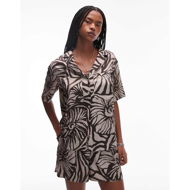 Topshop co-ord satin resort shirt in brown shell print 105661437