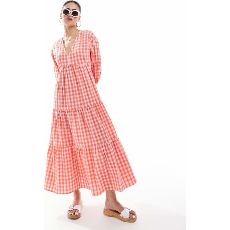 New Look v-neck smock midi dress in pink gingham