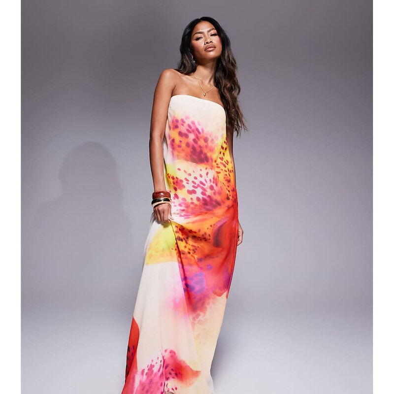 Murci exclusive chiffon bandeau trapeze maxi dress in off white flower 115718627