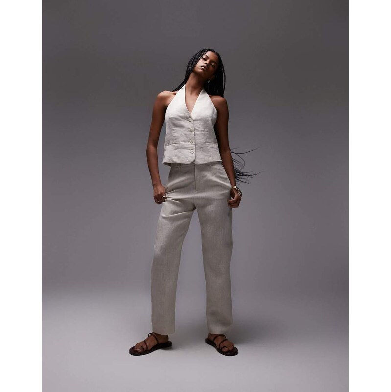 Mango linen tailored trouser co-ord in ecru-Brown