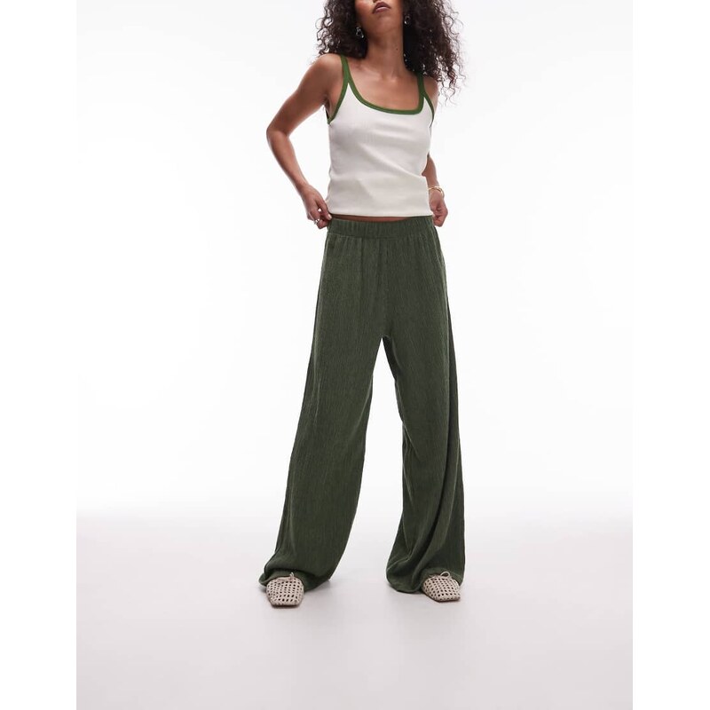 Topshop textured wide leg trousers in khaki-Green 115511433