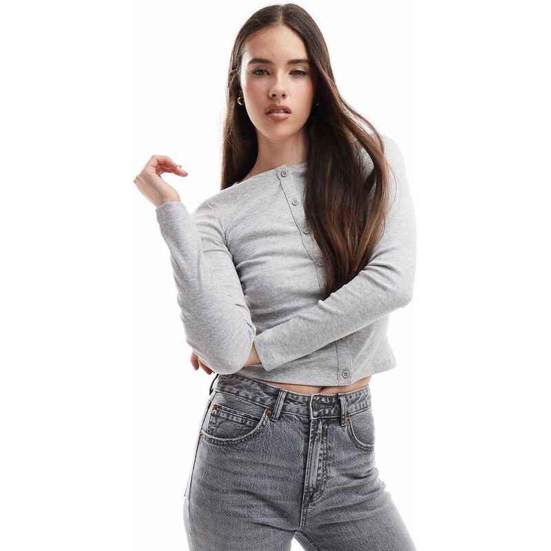 Brave Soul fitted button down long sleeve top in grey 115715482