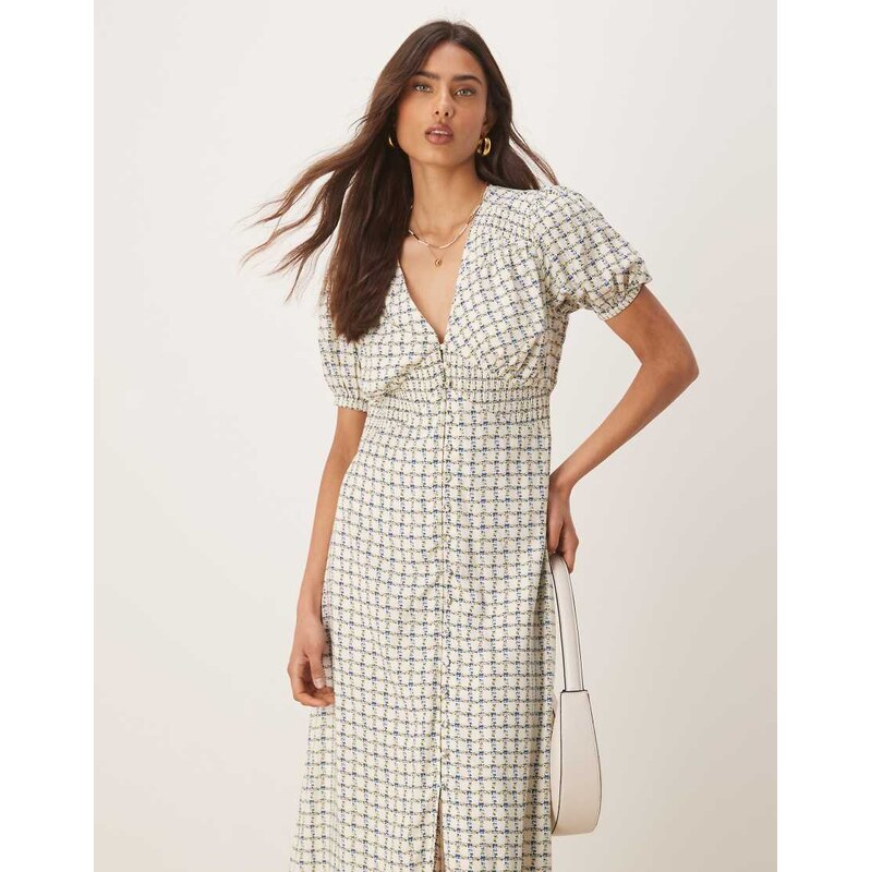 Nobodys Child puff sleeve midi dress in lilac and yellow-Green