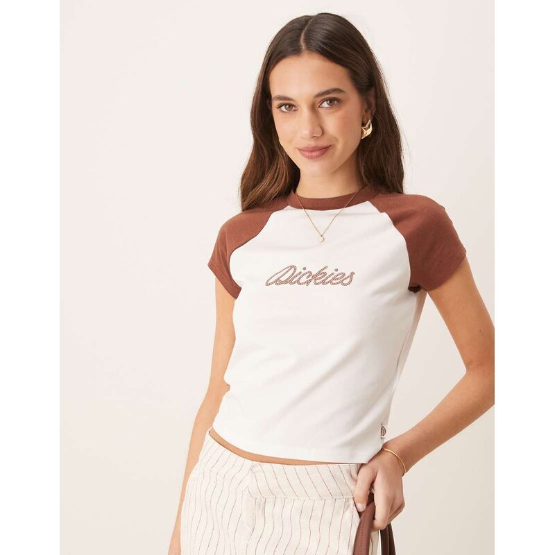 Dickies western rope logo raglan baby tee in off white and cappuccino 105664404