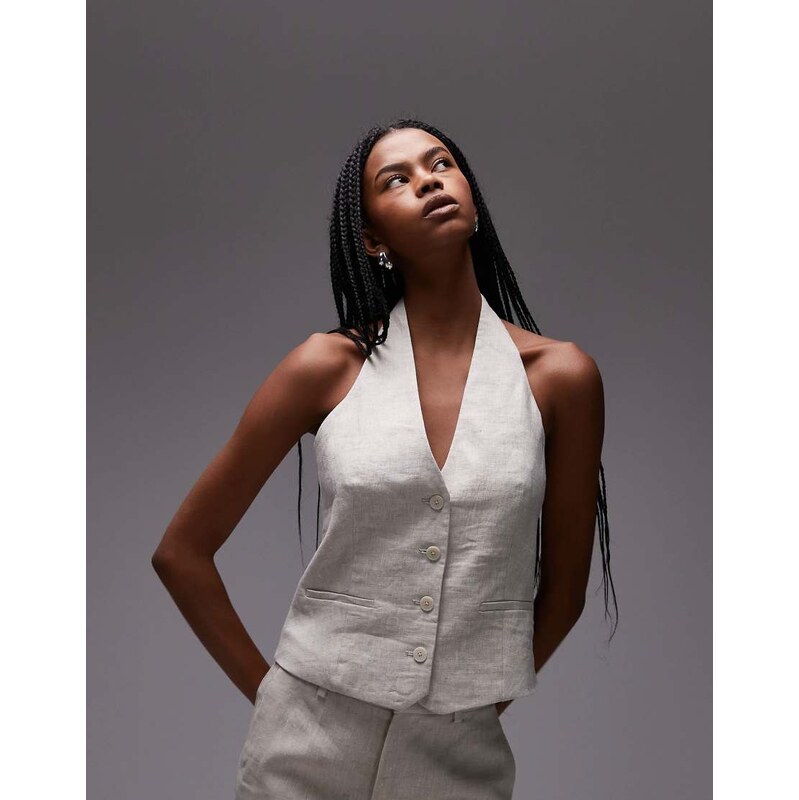 Mango linen waistcoat co-ord in ecru-Brown 105744069