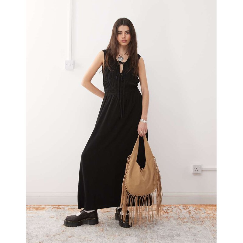 Reclaimed Vintage linen blend maxi sundress with ruching and ties in 115510693