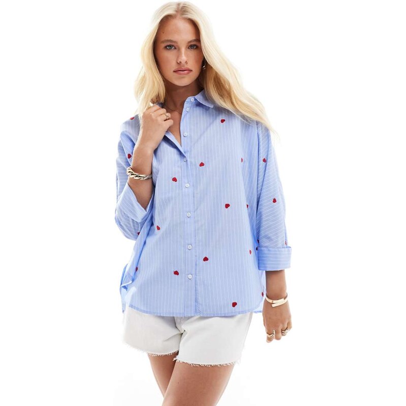 ONLY heart embroidery shirt in blue stripes 105671877