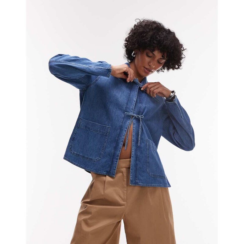 ARKET denim shacket with tie front detail in mid wash blue 105671938