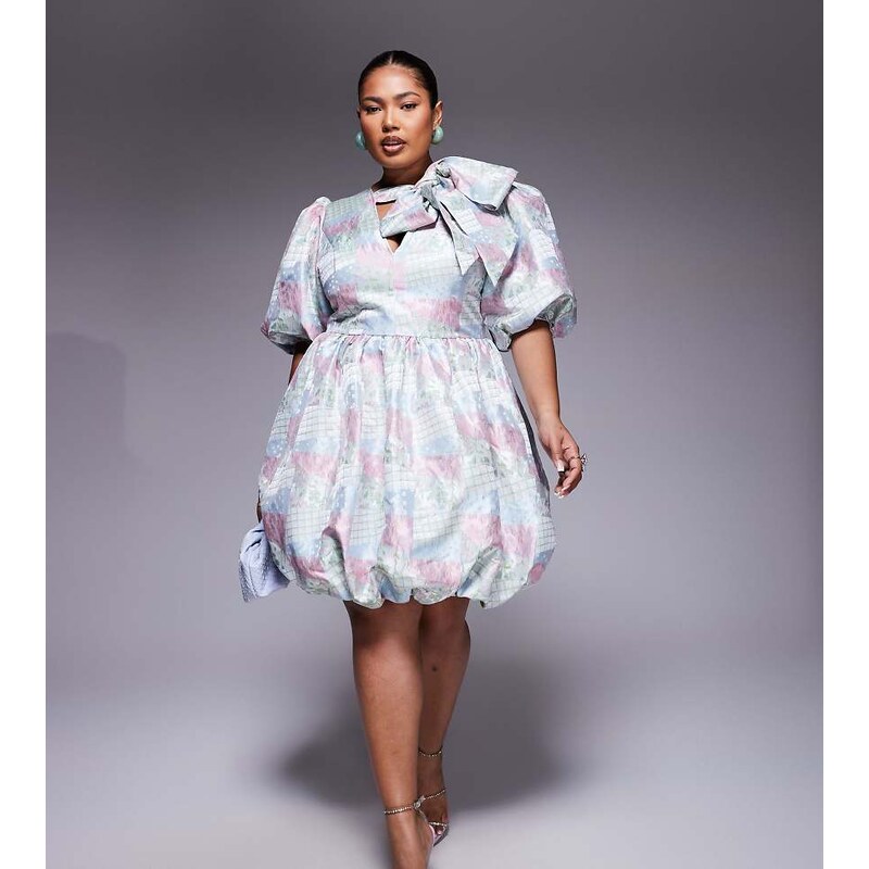 ASOS LUXE Curve jacquard puff sleeve mini dress with bow in multi 105672168
