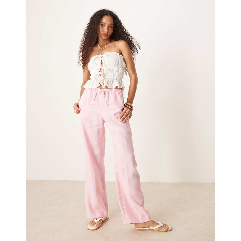 Mango pull on soft touch linen trouser in pink 105672043