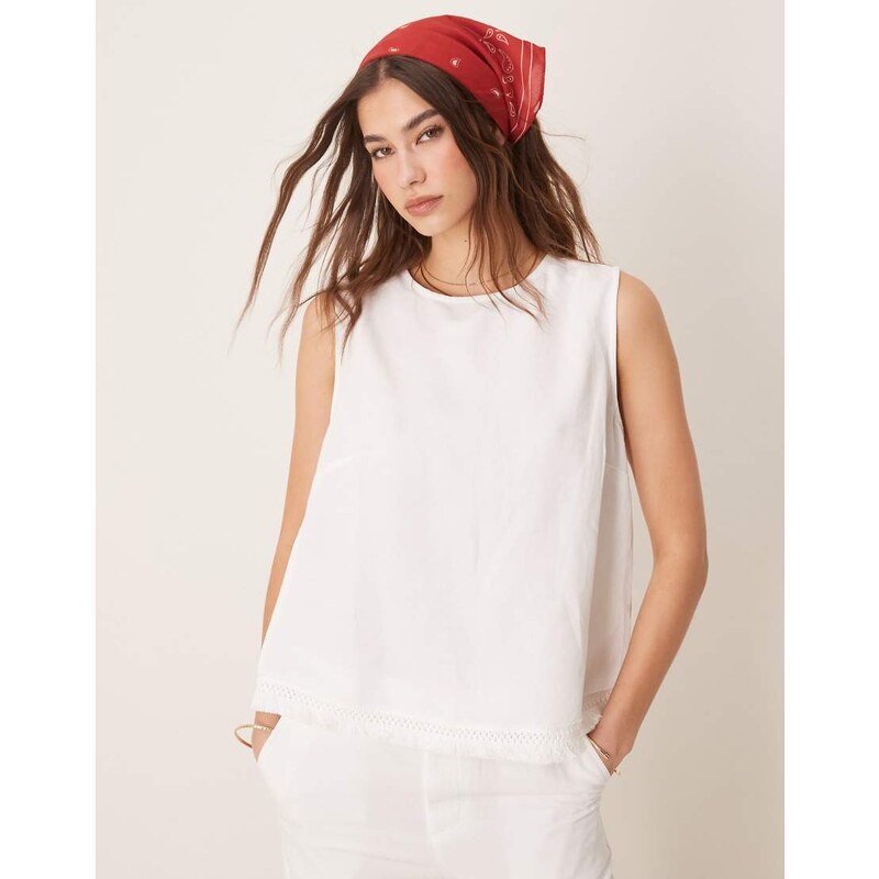 ASOS DESIGN linen blend shell top with with tassel hem co-ord in white 115510517