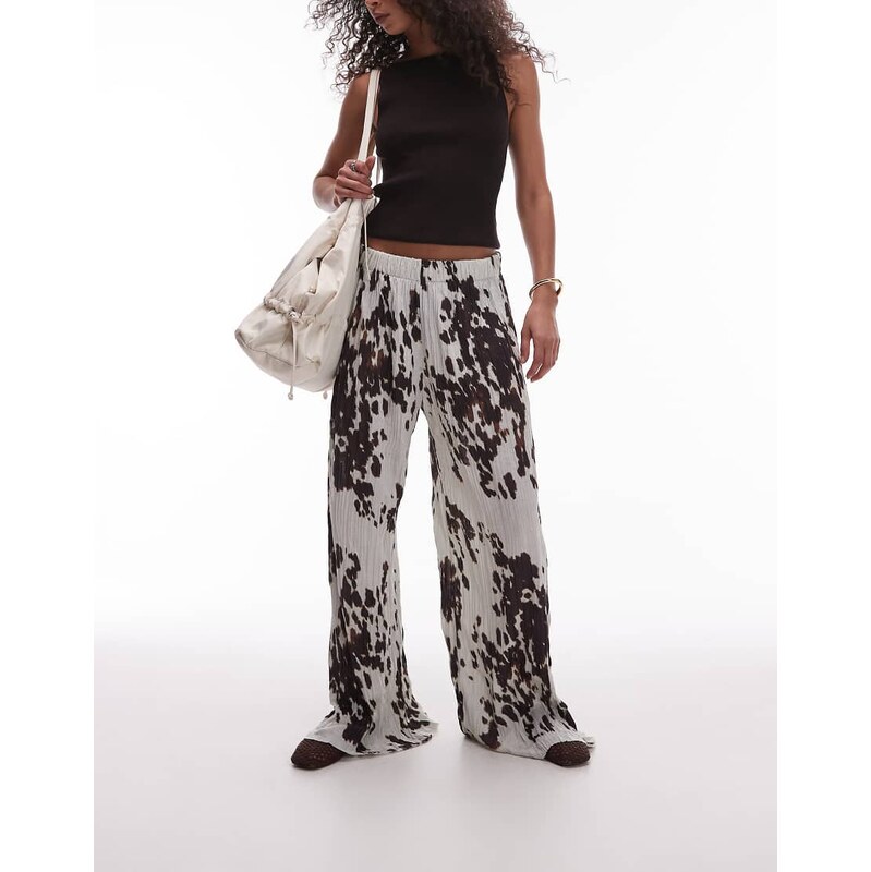 Topshop crinkle wide leg trousers in cow print-Multi
