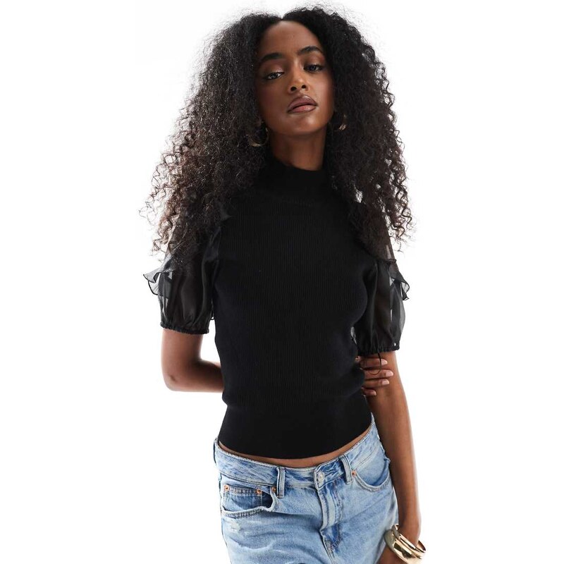 French Connection Kristine knit top with organza sleeves in black 105671830