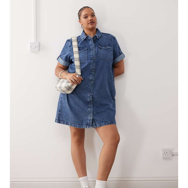 Noisy May Curve denim dress in mid wash blue