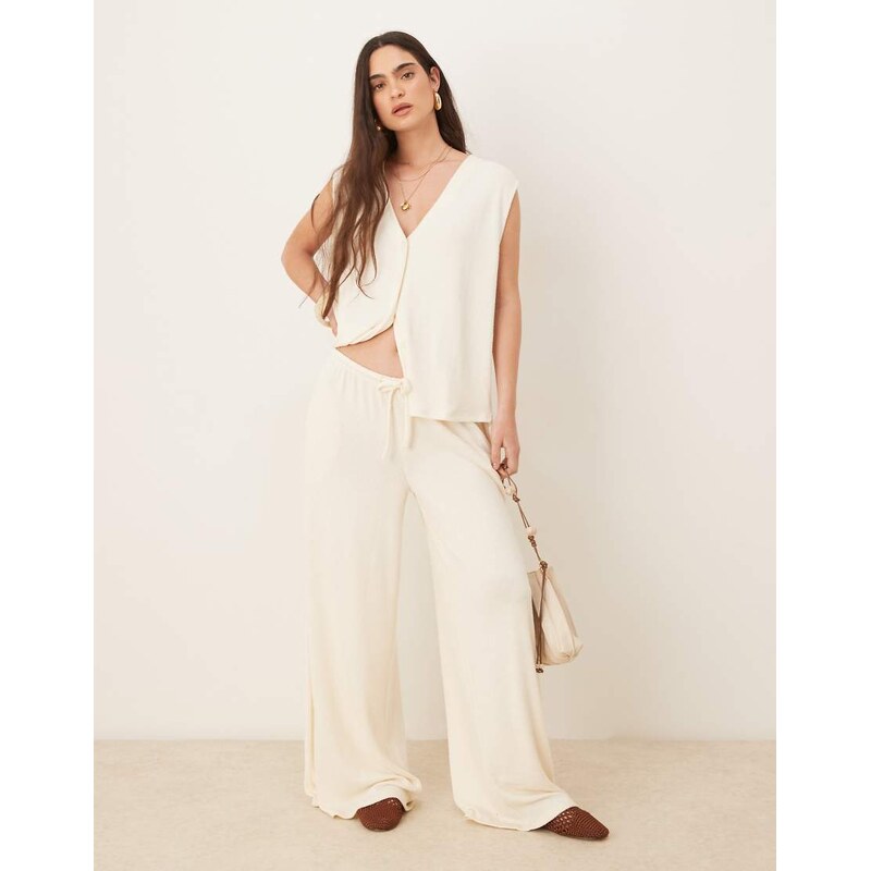 ASOS DESIGN textured knit wide leg trouser in cream-White