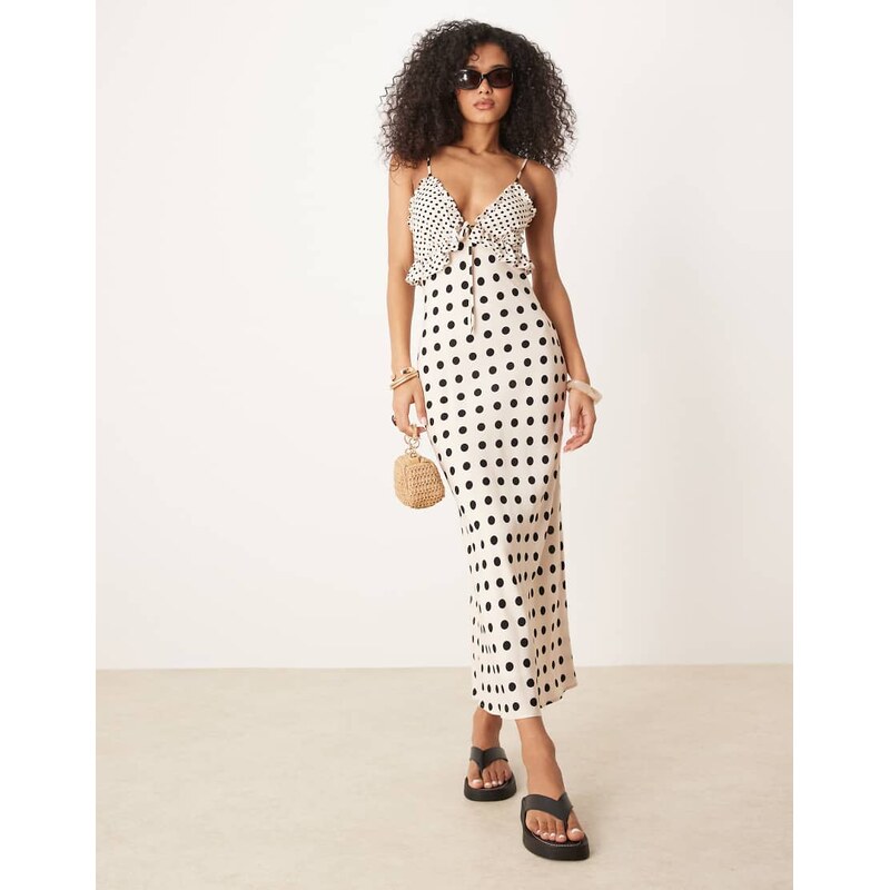 ASOS DESIGN tie front bust ruffle midi dress in polka dot print
