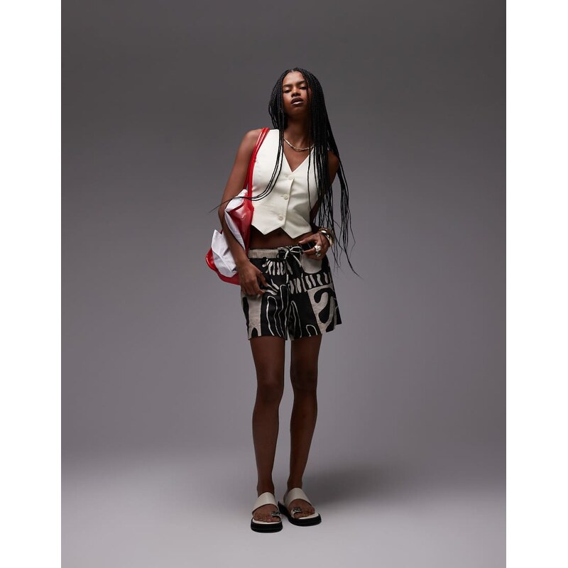 Topshop high rise drawcord linen shorts in mono abstract print