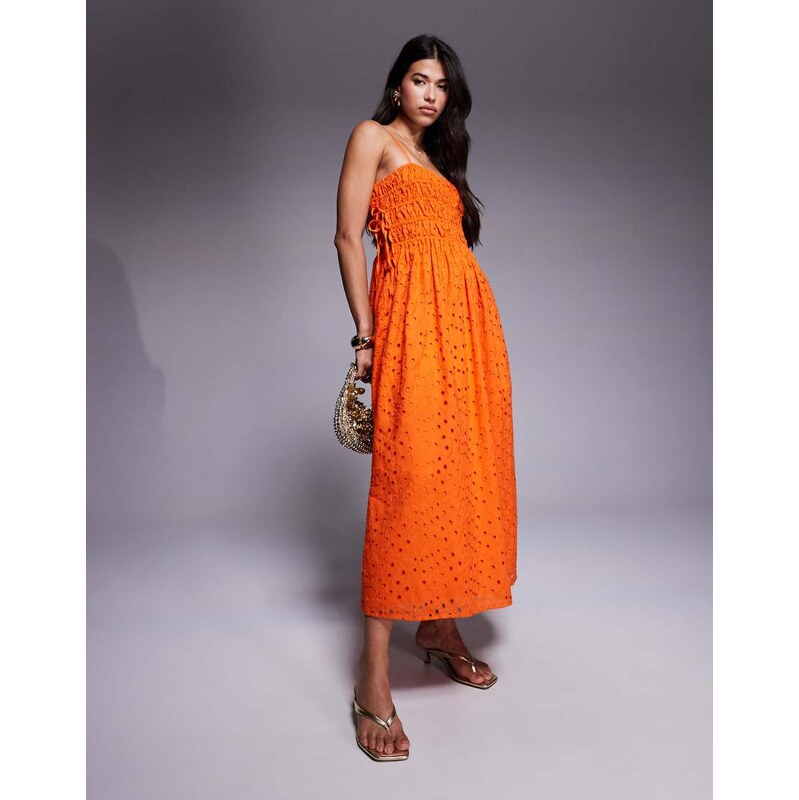 River Island broderie baby doll maxi dress in orange